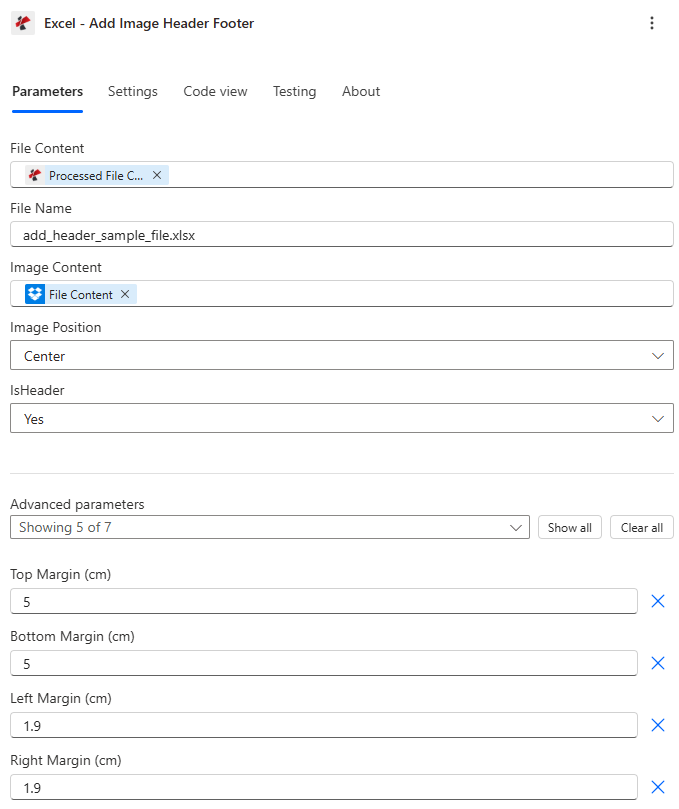 Power Automate PDF4me 添加图像页眉页脚操作已配置，文件内容已映射，文件名已映射为 add_header_sample_file.xlsx，图像内容已映射，图像位置居中，是否为页眉为是，高级参数显示 7 个参数中的 5 个，其中上边距为 5，下边距为 5，左边距为 1.9，右边距为 1.9。